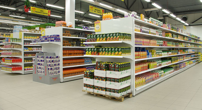 retail shelving in supermarket aisle